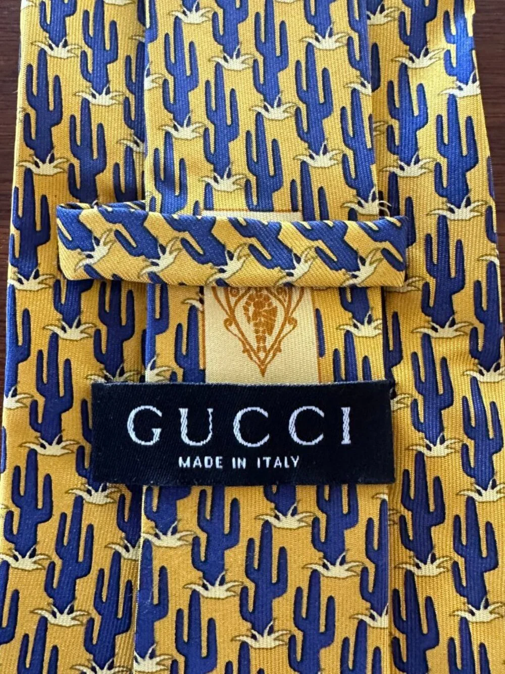 Gucci Yellow Blue Cactus Print Silk Tie